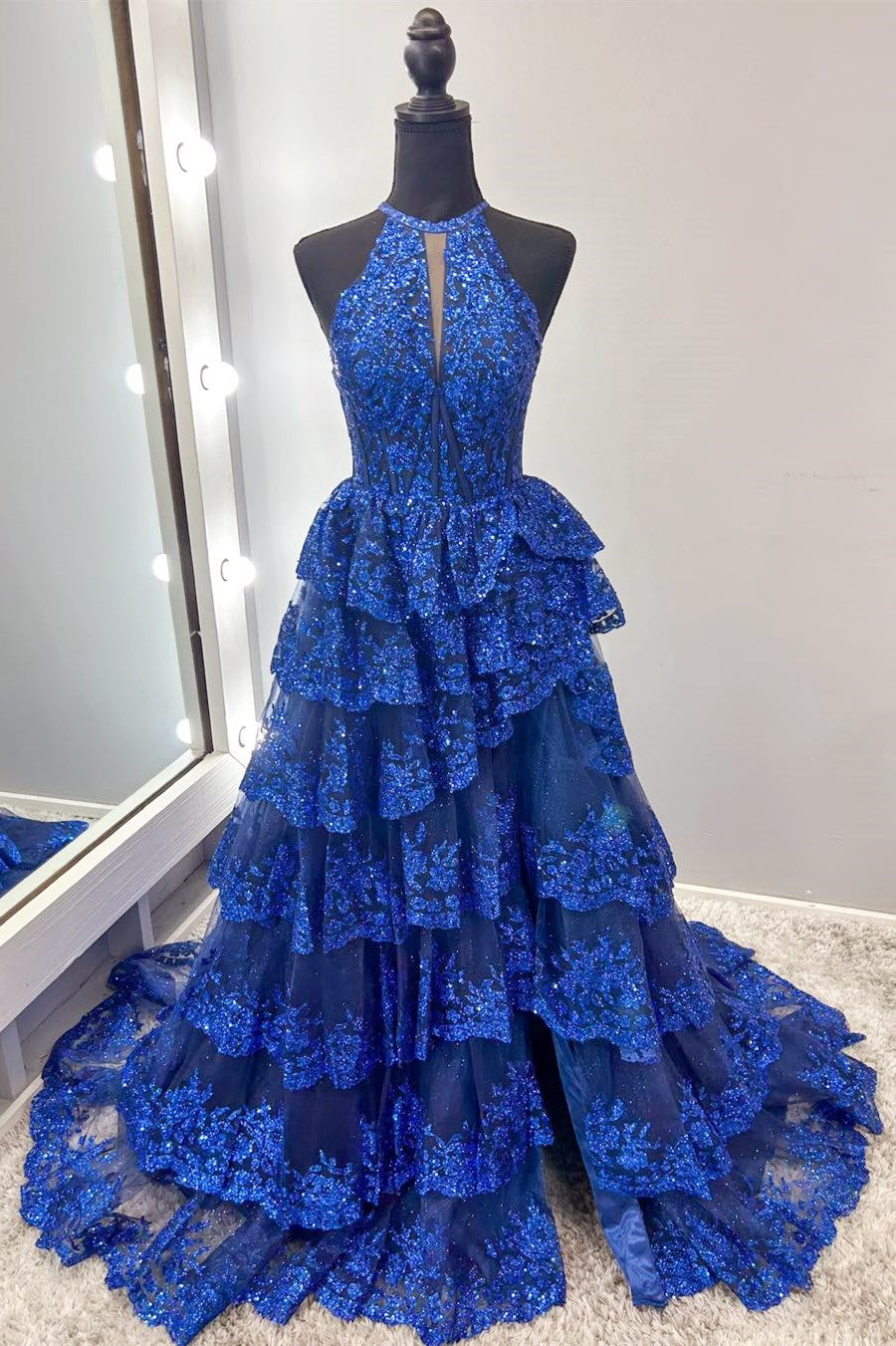 Halter Keyhole Glitter Appliques Ruffle Tiered Prom Gown – Modsele