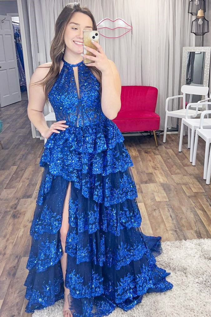Halter Keyhole Glitter Appliques Ruffle Tiered Prom Gown