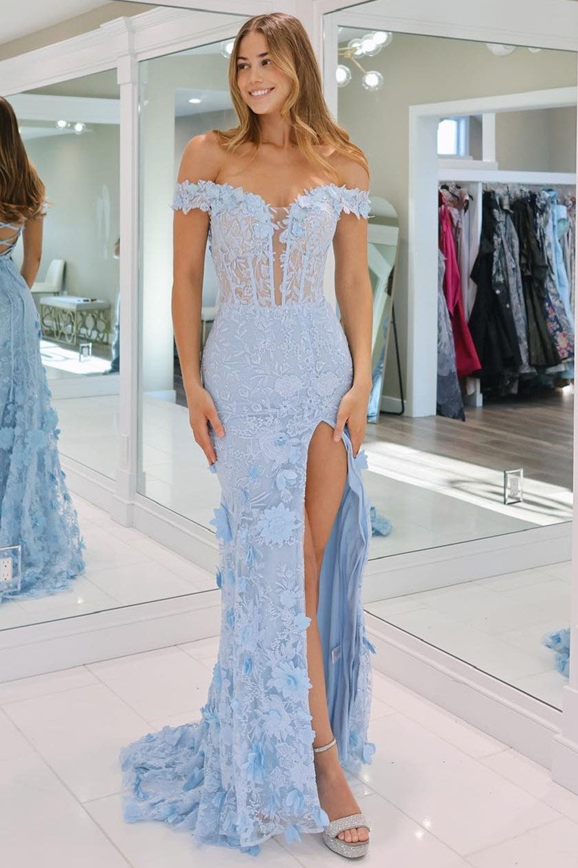 3D Floral Lace Off-the-Shoulder Corset Long Formal Dress with Slit