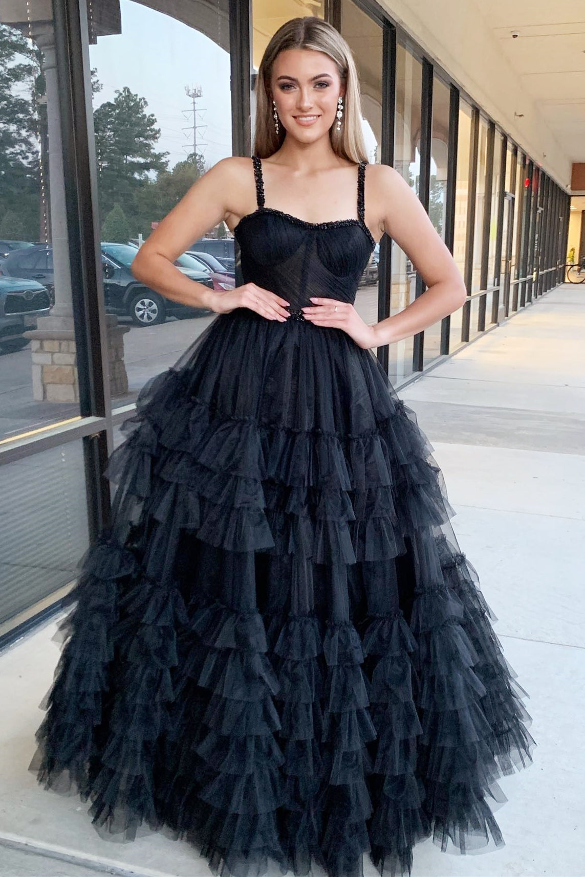 Tiered Ruffle Sweetheart Beaded Long Prom Dress in black