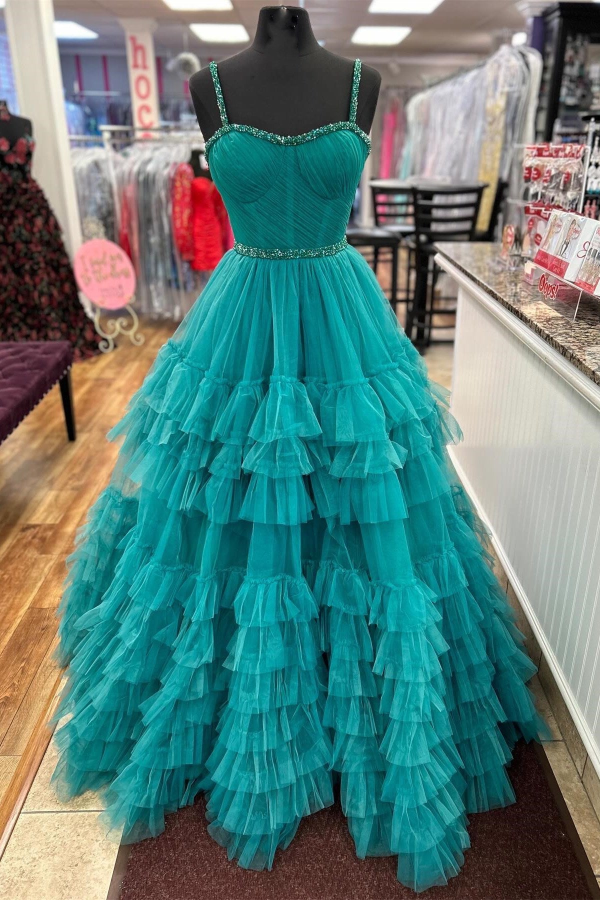 Tiered Ruffle Sweetheart Beaded Long Prom Dress in turquoise
