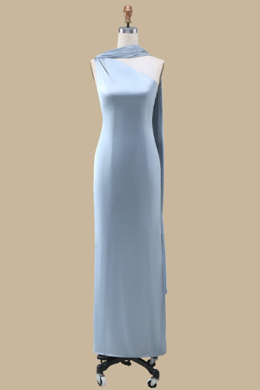 One-Shoulder Maxi Dress with Sash in dusty blue