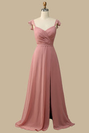 Dusty Rose Surplice Neck A-Line Chiffon Maxi Dress