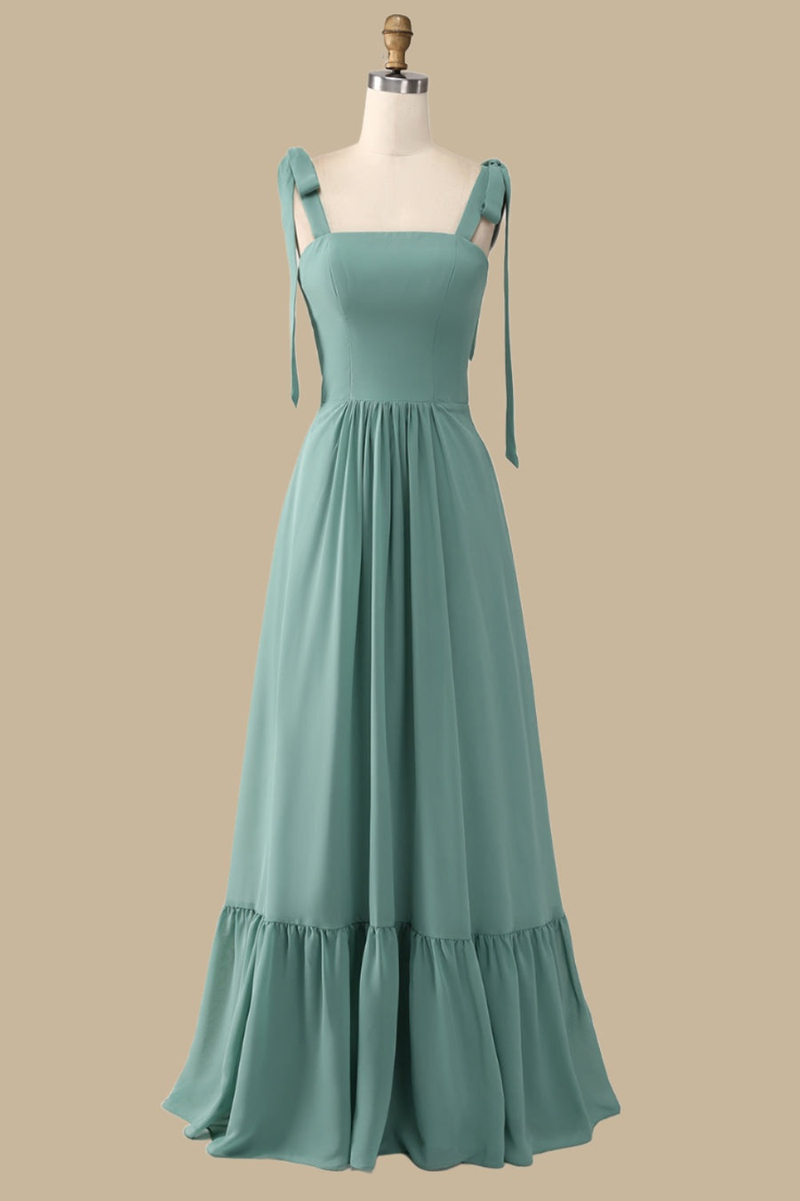 A-Line Green Maxi Dress with Bow Straps