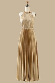 Gold Round Neck Ruffle Pleated Maxi Dress