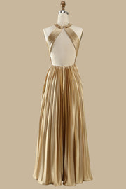 Gold Round Neck Ruffle Pleated Maxi Dress