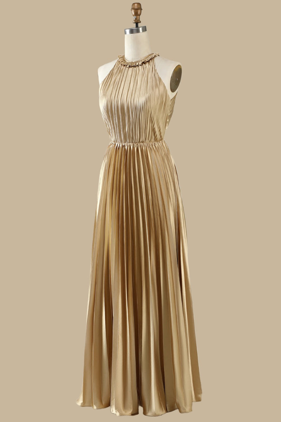 Gold Round Neck Ruffle Pleated Maxi Dress