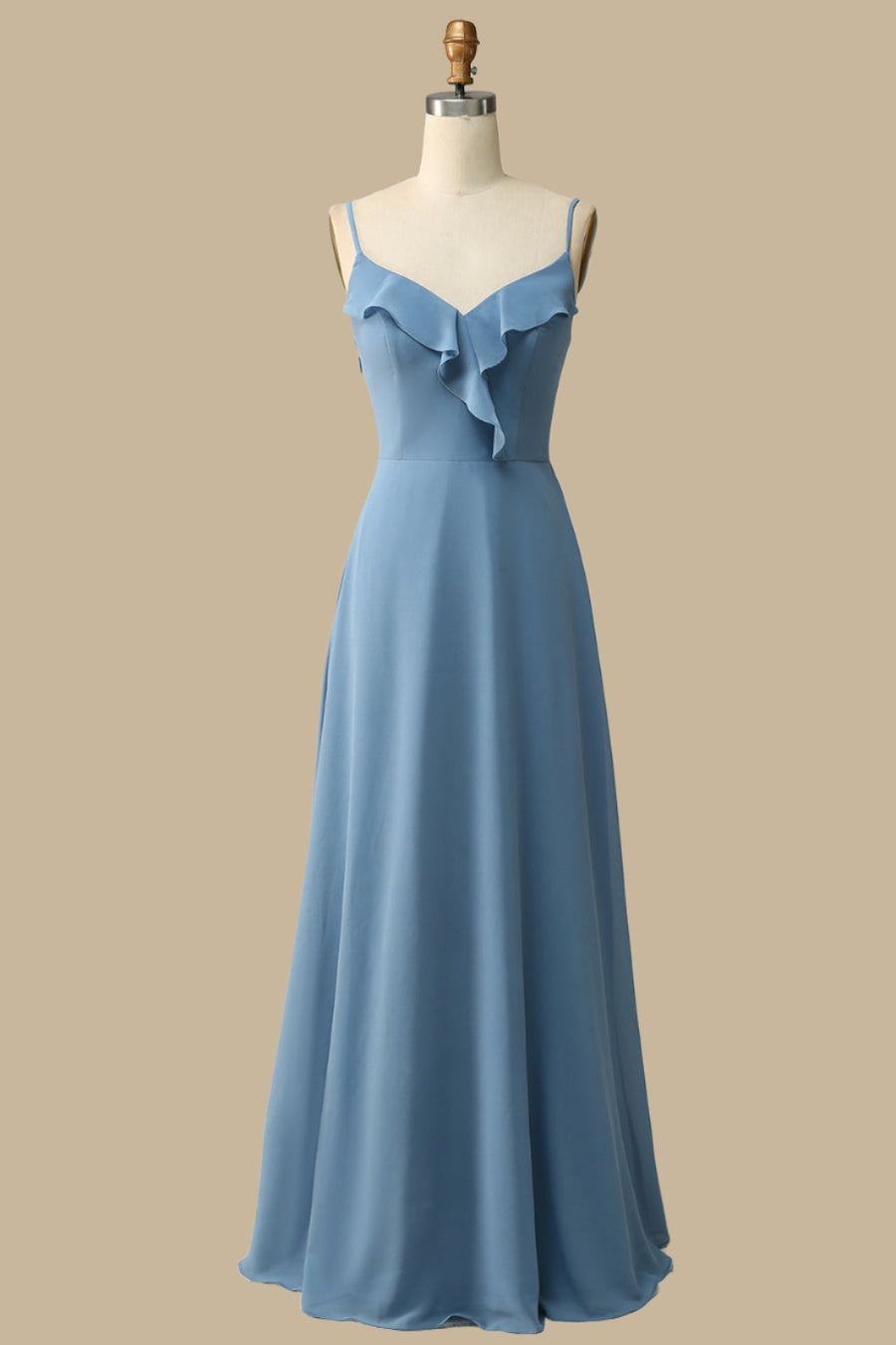 Dusty Blue Ruffle Lace-Up Chiffon Maxi Dress