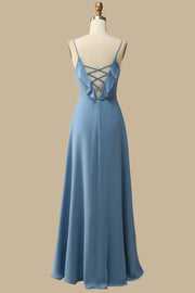 Dusty Blue Ruffle Lace-Up Chiffon Maxi Dress