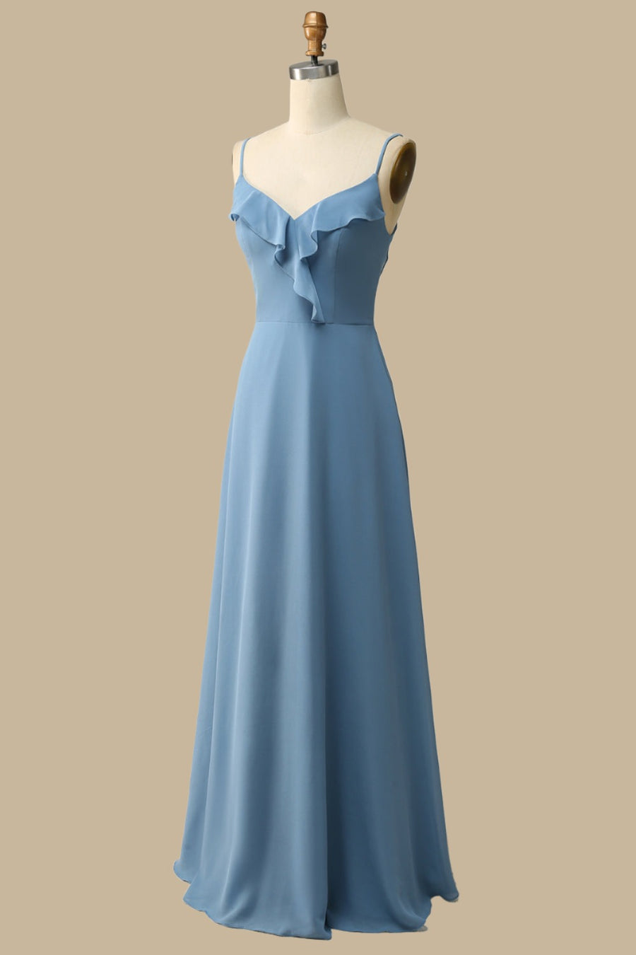 Dusty Blue Ruffle Lace-Up Chiffon Maxi Dress