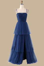 Navy Blue Spaghetti Strap Tiered Maxi Dress with Slit