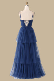Navy Blue Spaghetti Strap Tiered Maxi Dress with Slit