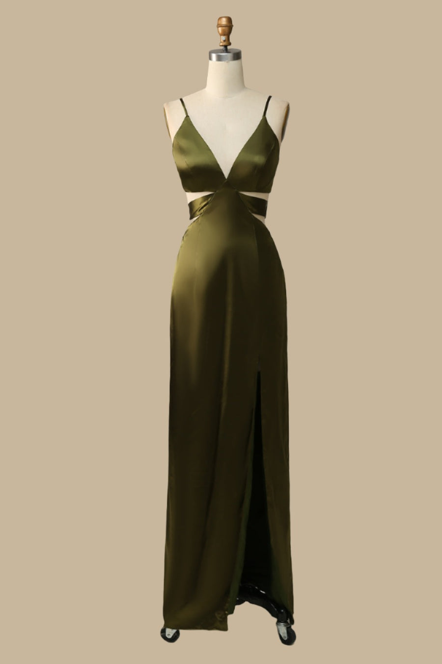 Olive Green V-Neck Cutout Maxi Dress with Spaghetti Straps