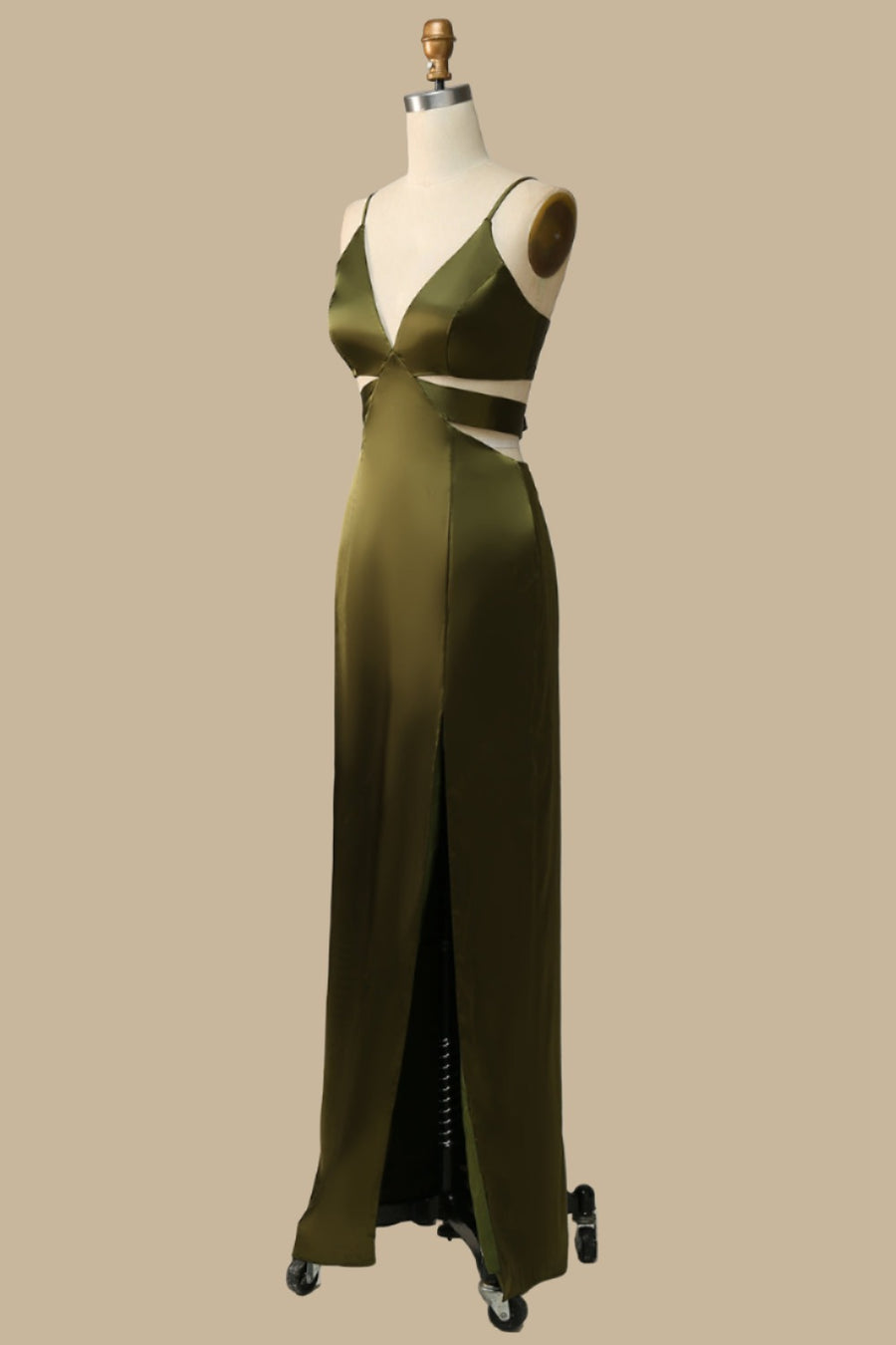 Olive Green V-Neck Cutout Maxi Dress with Spaghetti Straps