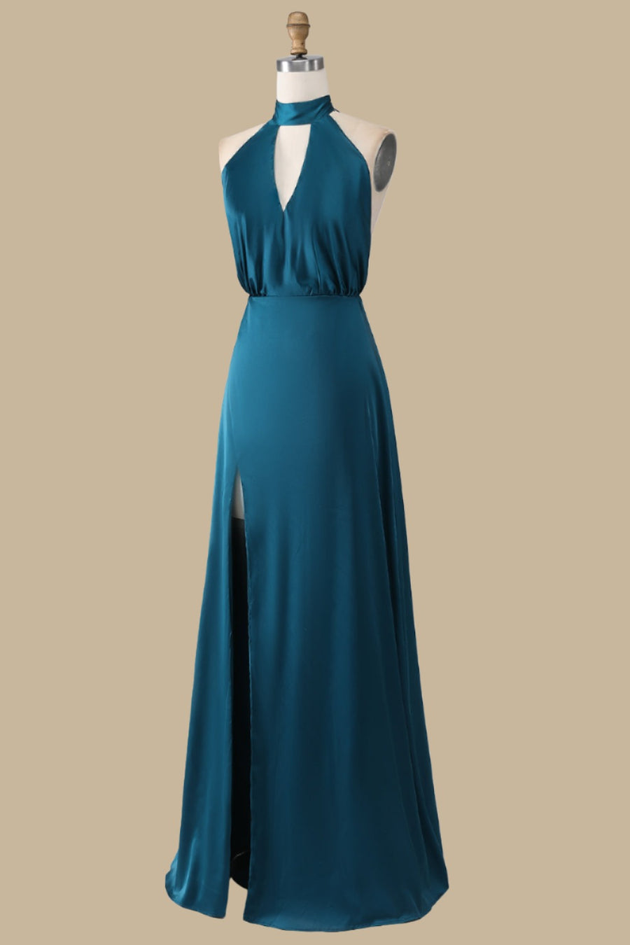 Turquoise Halter Blouson-Style Maxi Dress with Slit