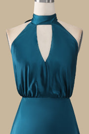 Turquoise Halter Blouson-Style Maxi Dress with Slit