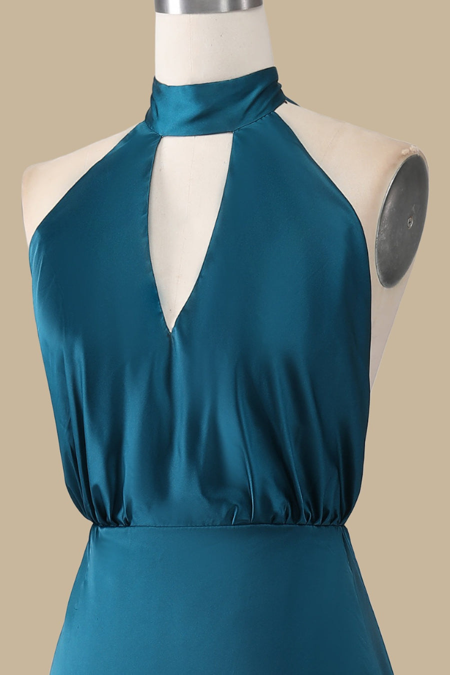 Turquoise Halter Blouson-Style Maxi Dress with Slit