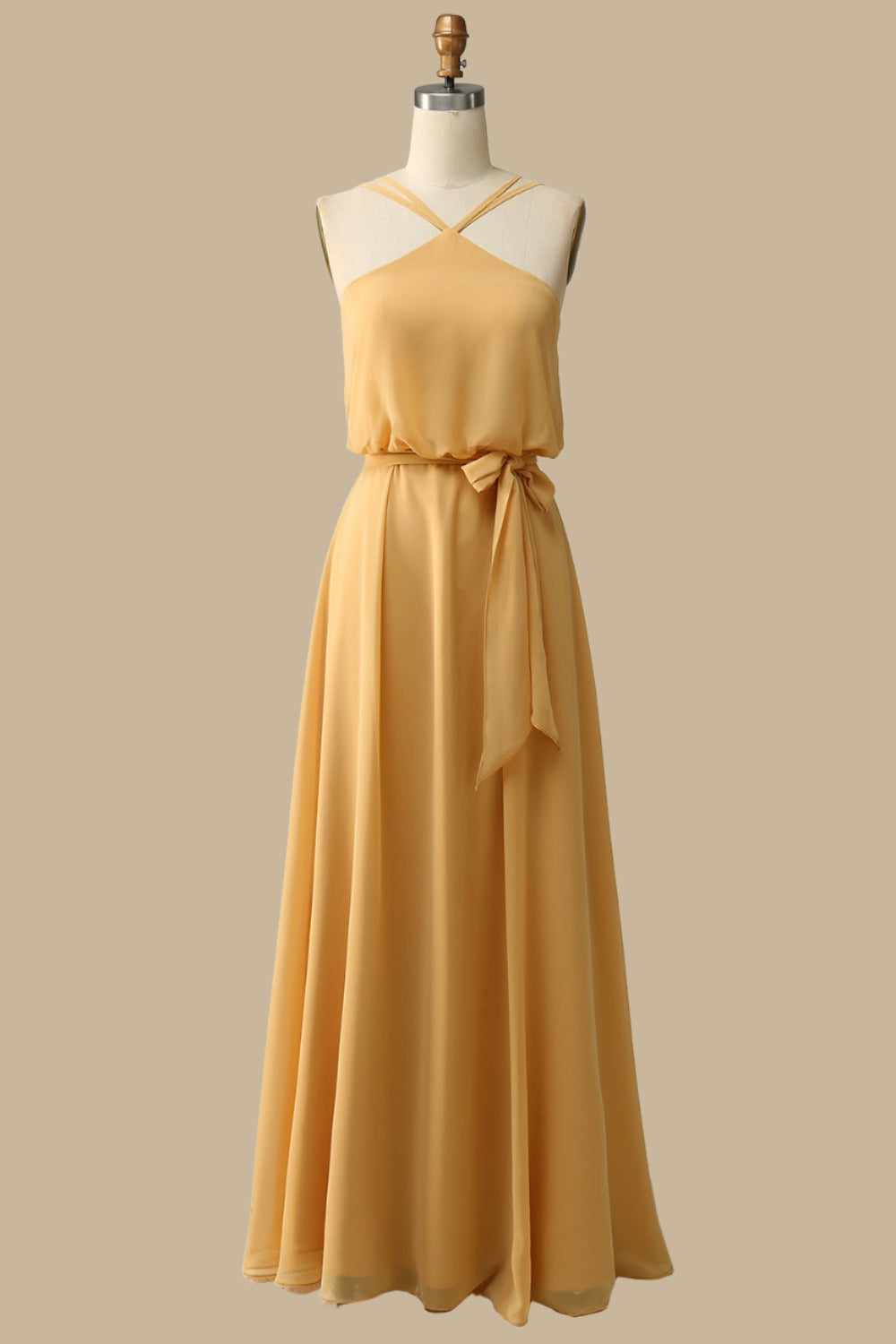 Blouson-Style Halter Chiffon Maxi Dress in Mustard Yellow