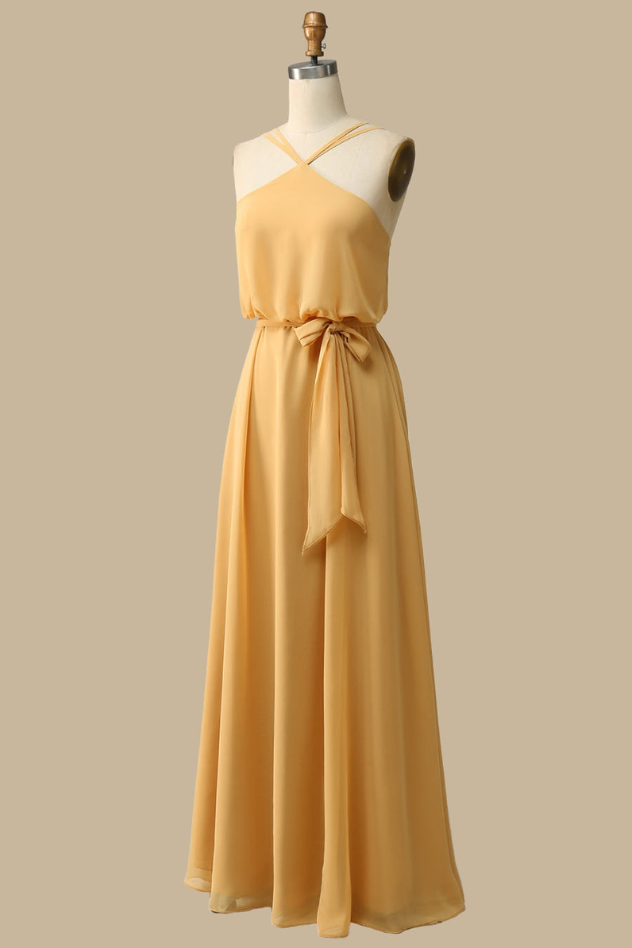 Blouson-Style Halter Chiffon Maxi Dress in Mustard Yellow Modsele Blouson-Style Halter Chiffon Maxi Dress in Mustard Yellow Modsele