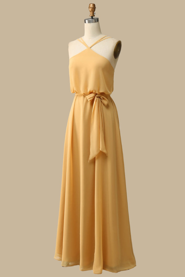 Blouson-Style Halter Chiffon Maxi Dress in Mustard Yellow