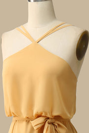 Blouson-Style Halter Chiffon Maxi Dress in Mustard Yellow