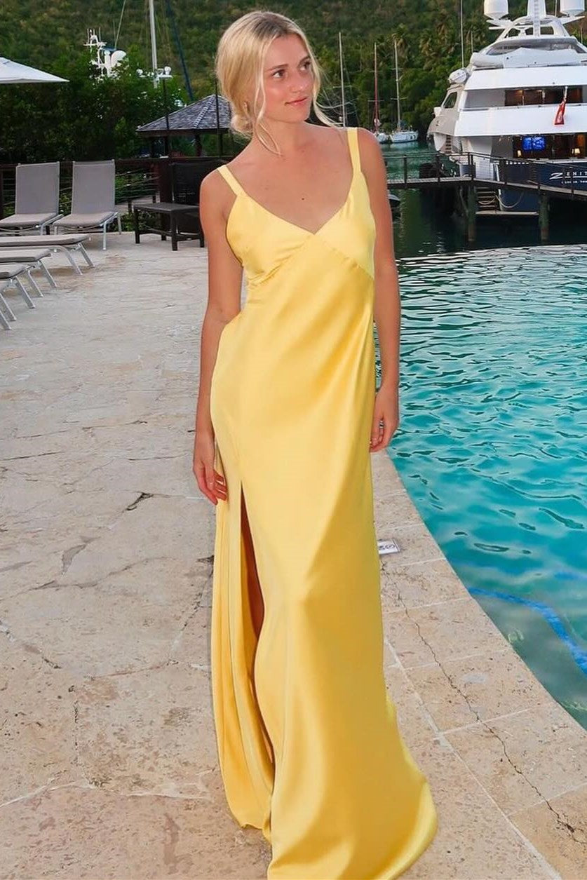 V-Neck Tie-Back Maxi Dress with Slit in Yellow