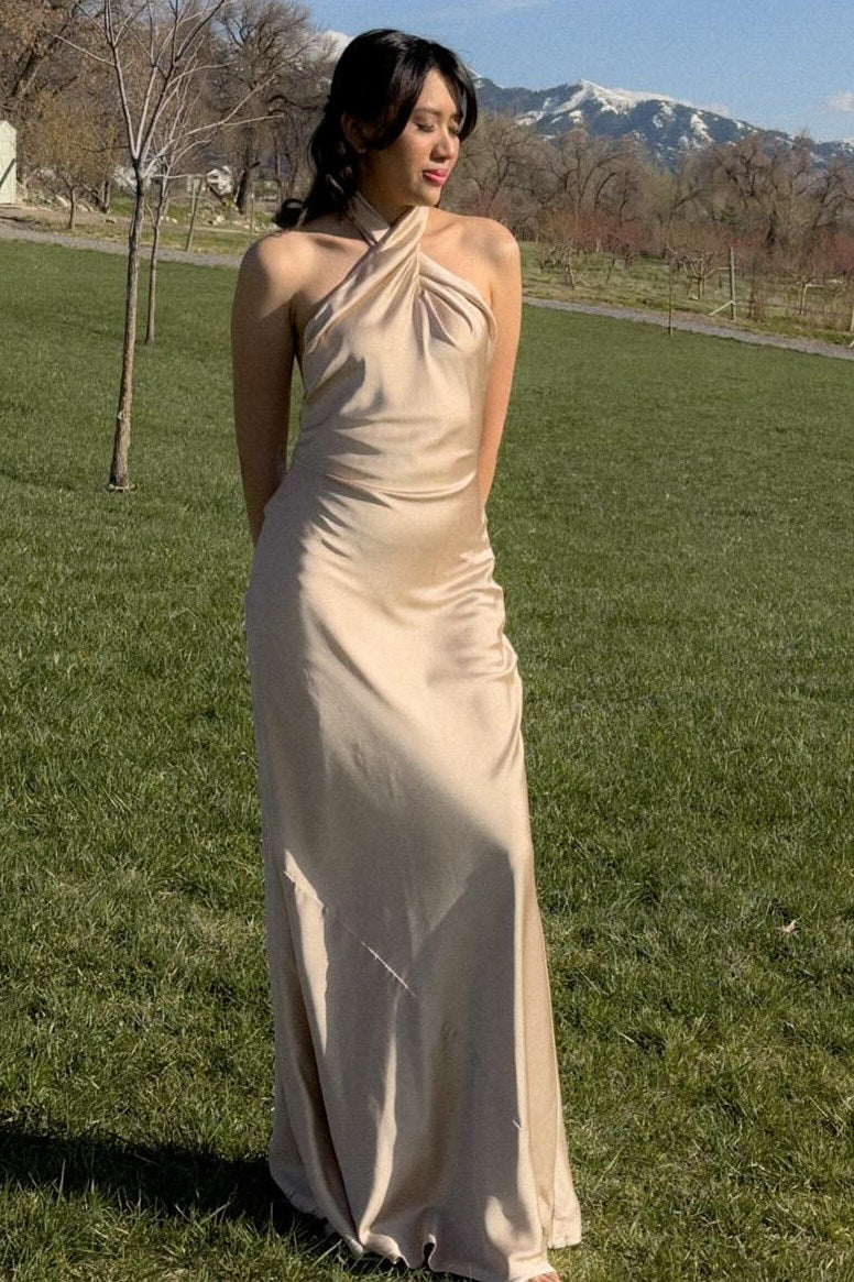 Hater Backless Long Bridesmaid Dress in Champagne