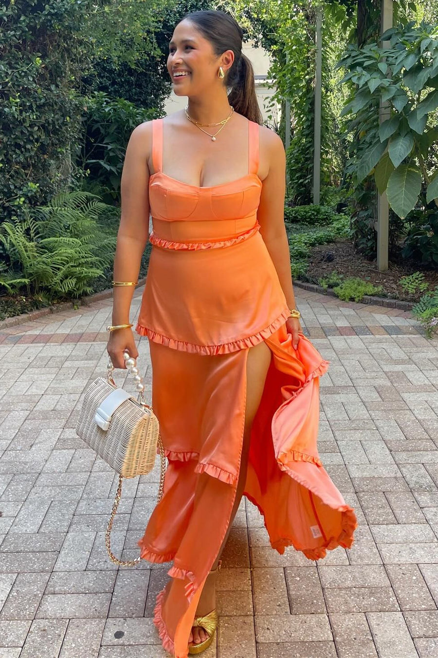 Scoop Neck Lace-Up Ruffle Tiered Maxi Dress with Slit in orange