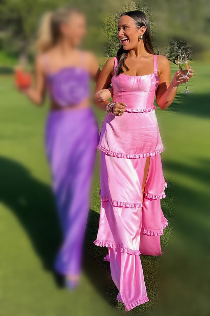 Pink Scoop Neck Lace-Up Ruffle Tiered Maxi Dress with Slit
