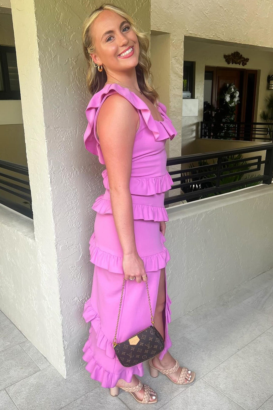 Square Neck Ruffle Midi Dress with Slit in Fuchsia