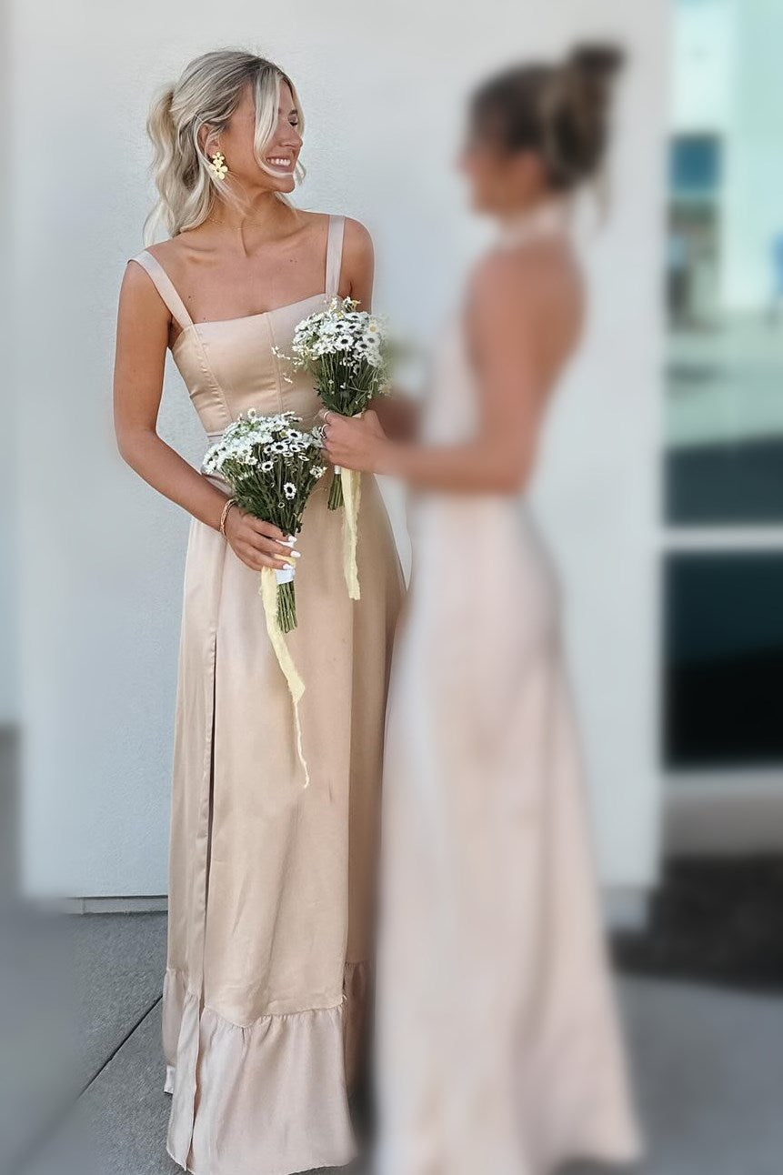 Champagne Lace-Up A-Line Maxi Dress with Slit Modsele Champagne Lace-Up A-Line Maxi Dress with Slit Modsele