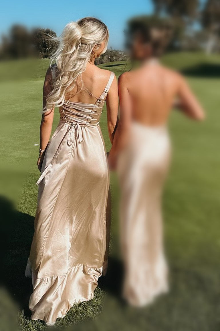 Champagne Lace-Up A-Line Maxi Dress with Slit Modsele Champagne Lace-Up A-Line Maxi Dress with Slit Modsele