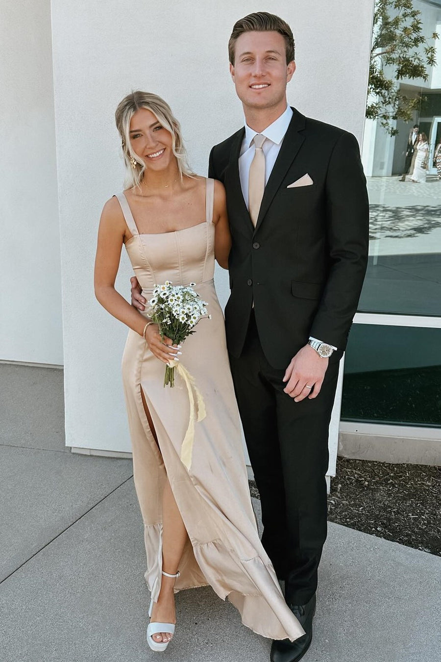 Champagne Lace-Up A-Line Maxi Dress with Slit Modsele Champagne Lace-Up A-Line Maxi Dress with Slit Modsele