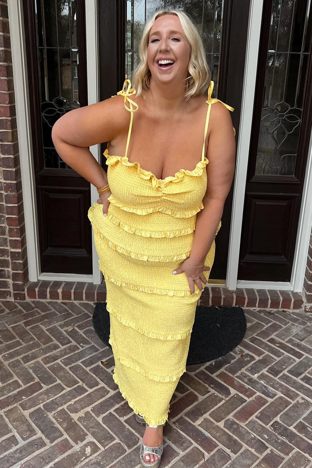 Spaghetti Strap Ruffle Smoked Midi Dress in Yellow