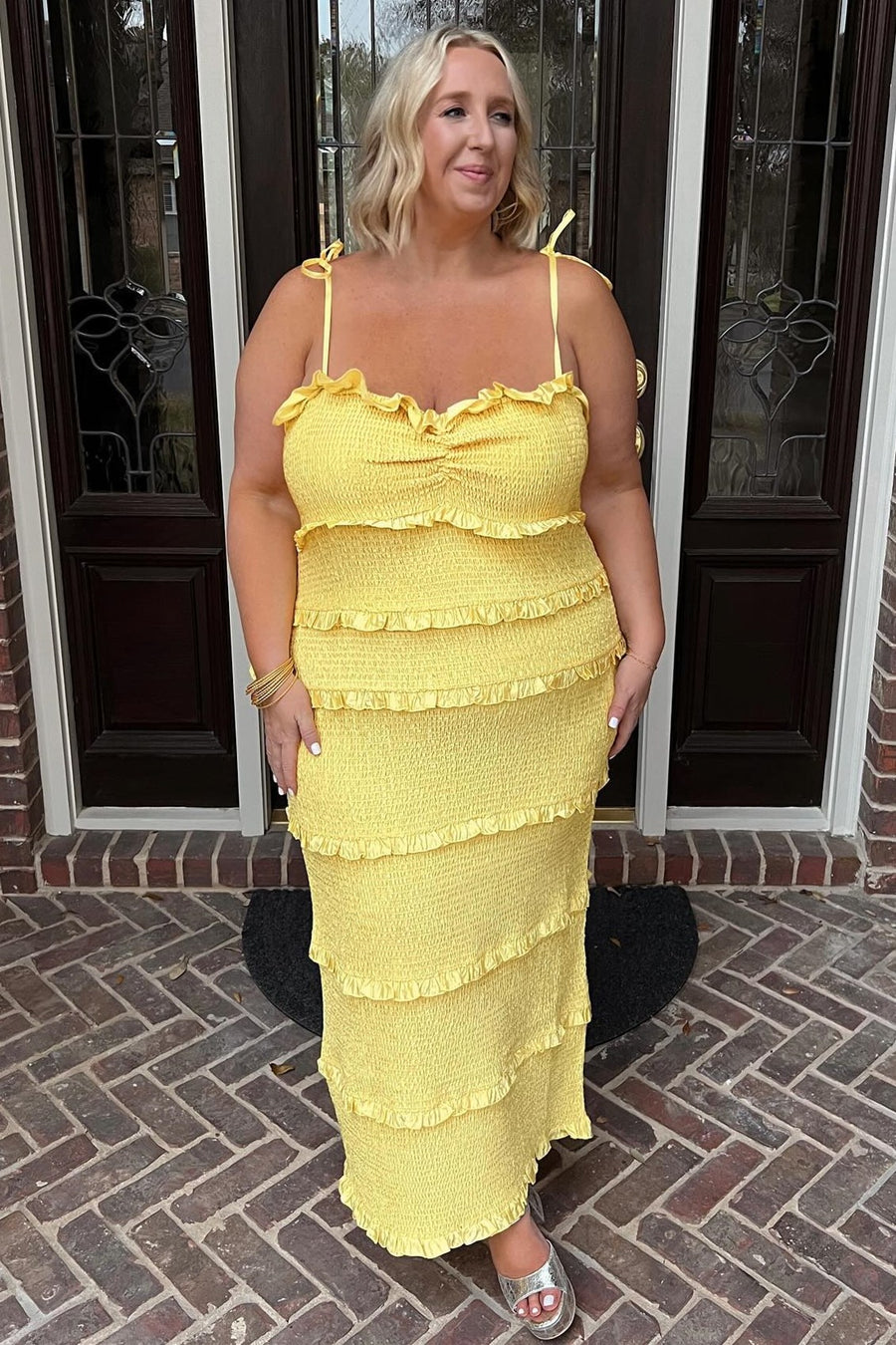 Spaghetti Strap Ruffle Smoked Midi Dress in Yellow