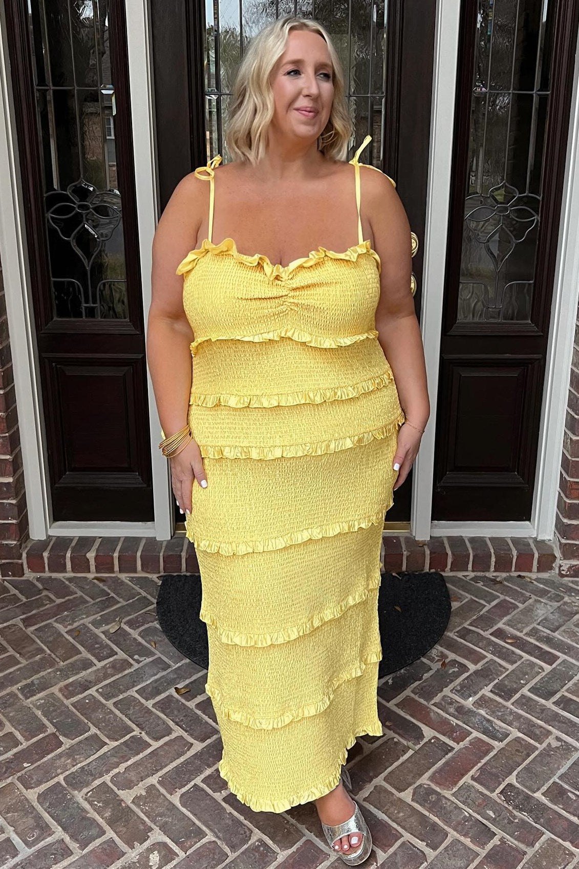 Spaghetti Strap Ruffle Smoked Midi Dress in Yellow Modsele Spaghetti Strap Ruffle Smoked Midi Dress in Yellow Modsele