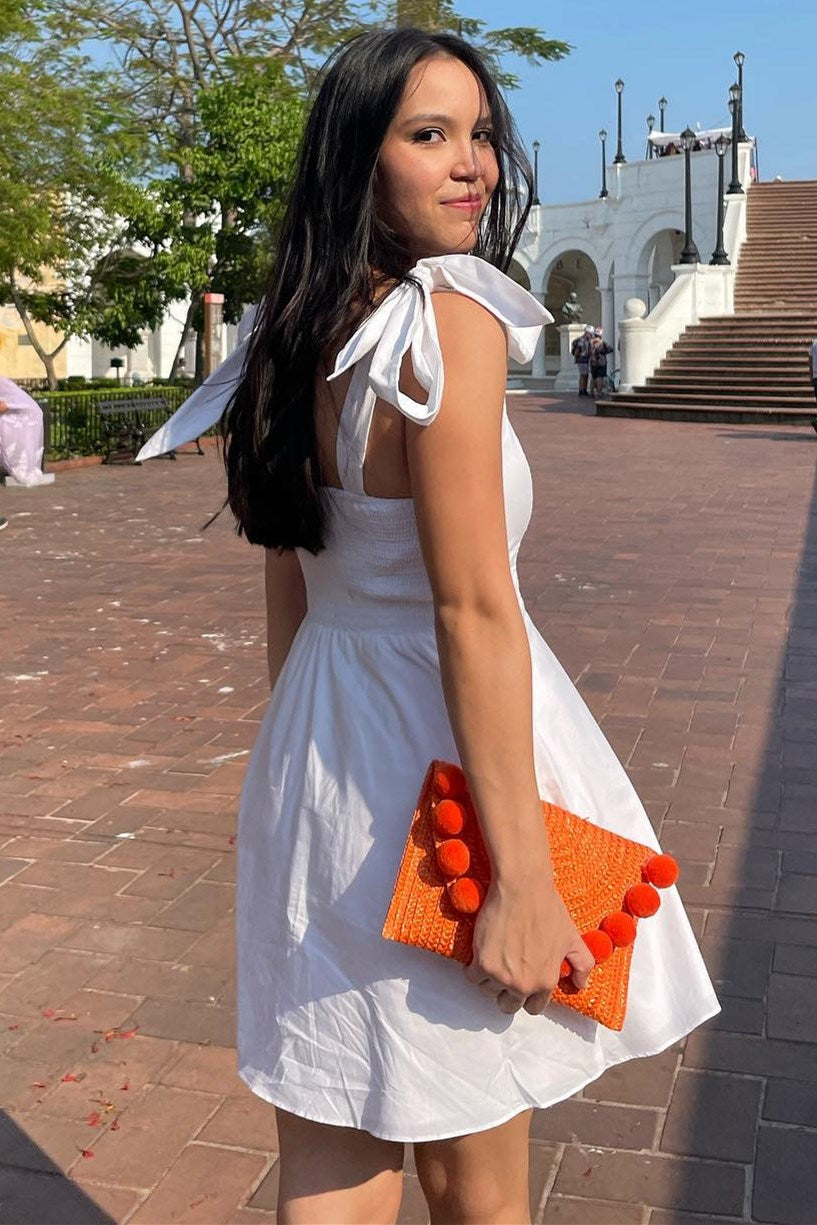 White Square Neck A-Line Mini Dress with Bow Straps Modsele White Square Neck A-Line Mini Dress with Bow Straps Modsele