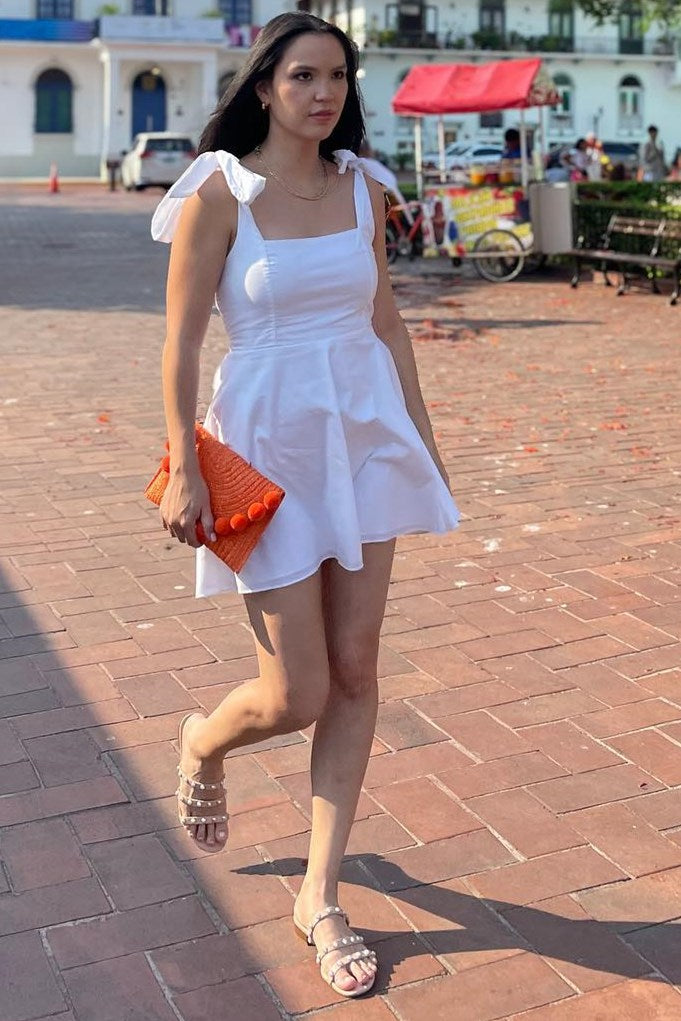 White Square Neck A-Line Mini Dress with Bow Straps Modsele White Square Neck A-Line Mini Dress with Bow Straps Modsele