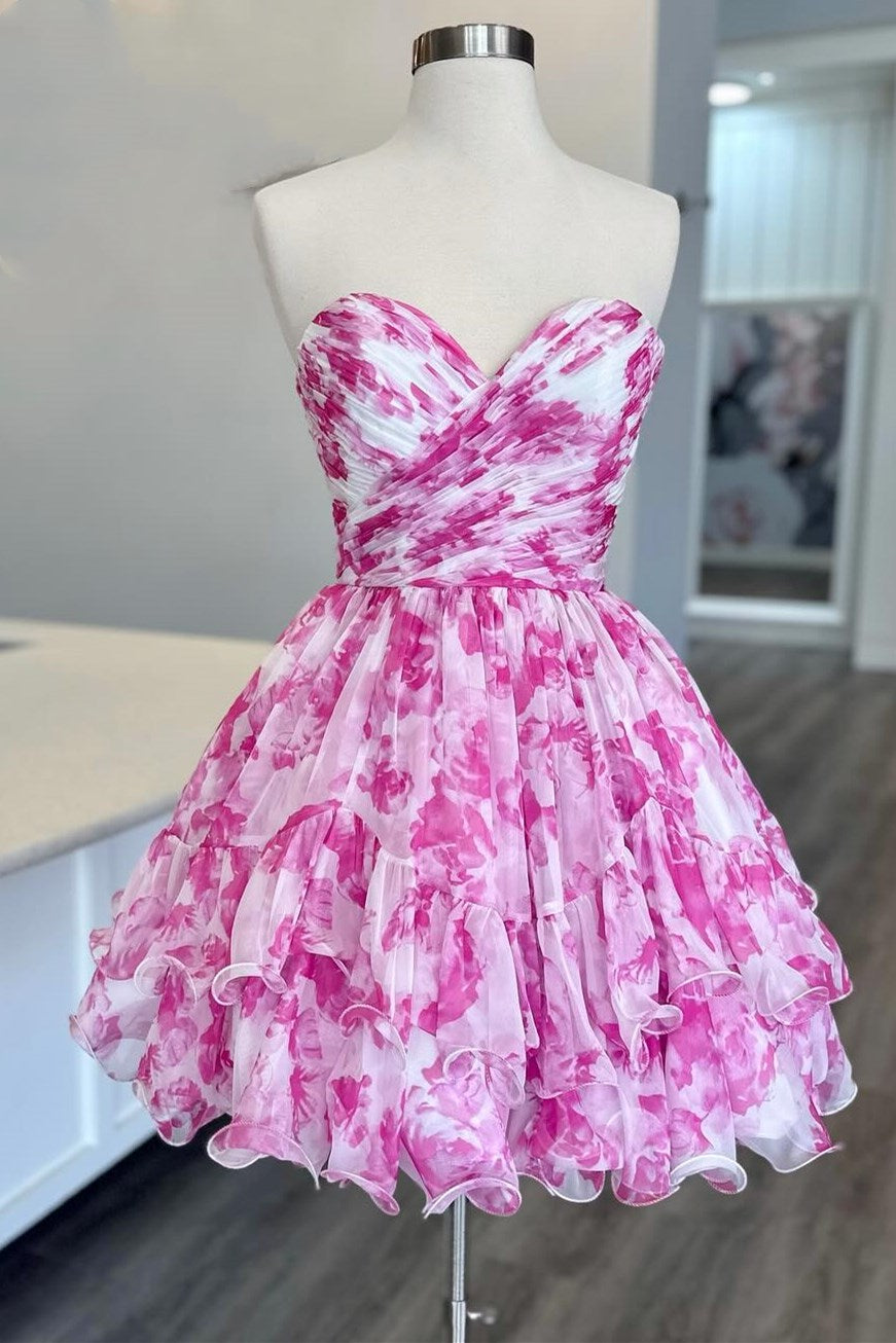 Pink Print Sweetheart Ruffle Homecoming Dress