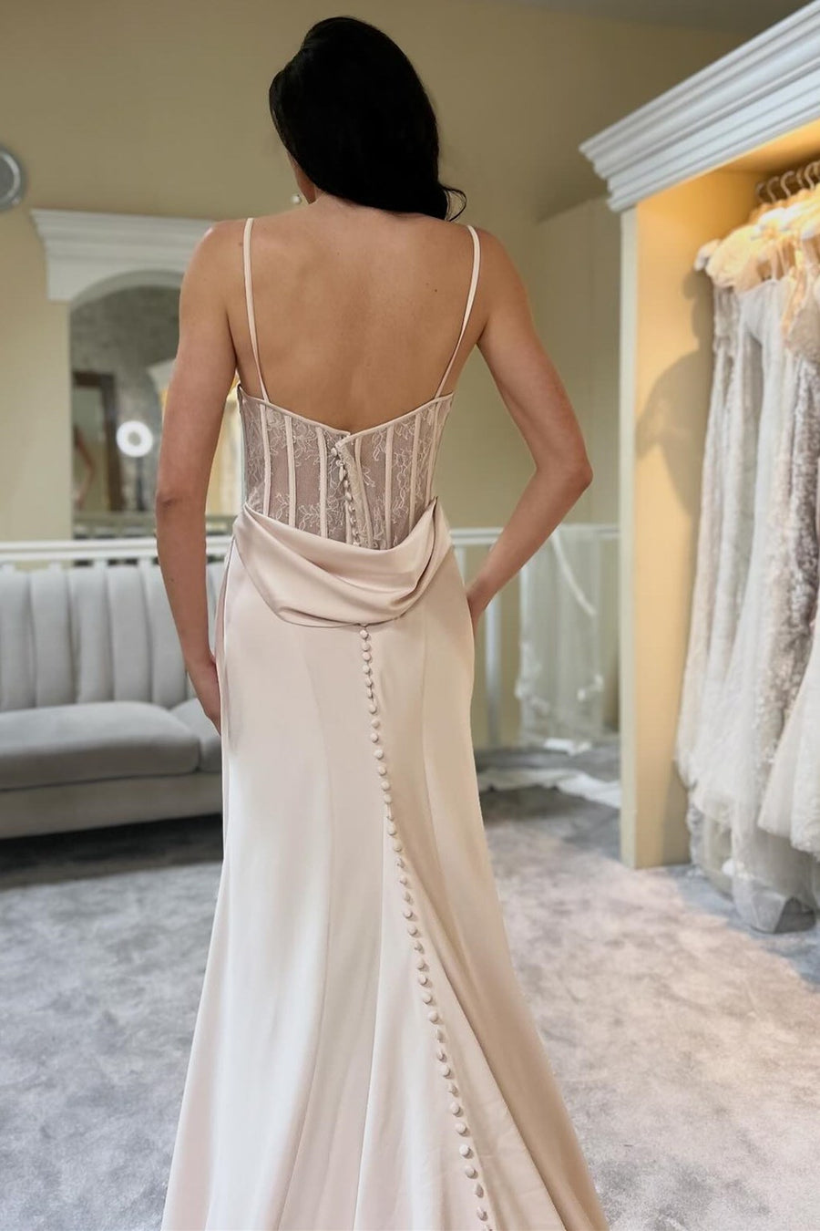 Champagne Cowl-Neck Sheer Back Long Wedding Dress – Modsele Champagne Cowl-Neck Sheer Back Long Wedding Dress – Modsele