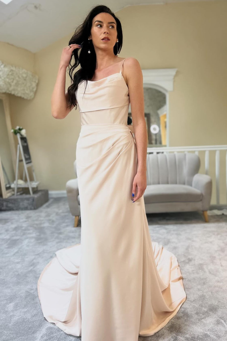 Champagne Cowl-Neck Sheer Back Long Wedding Dress Modsele Champagne Cowl-Neck Sheer Back Long Wedding Dress Modsele
