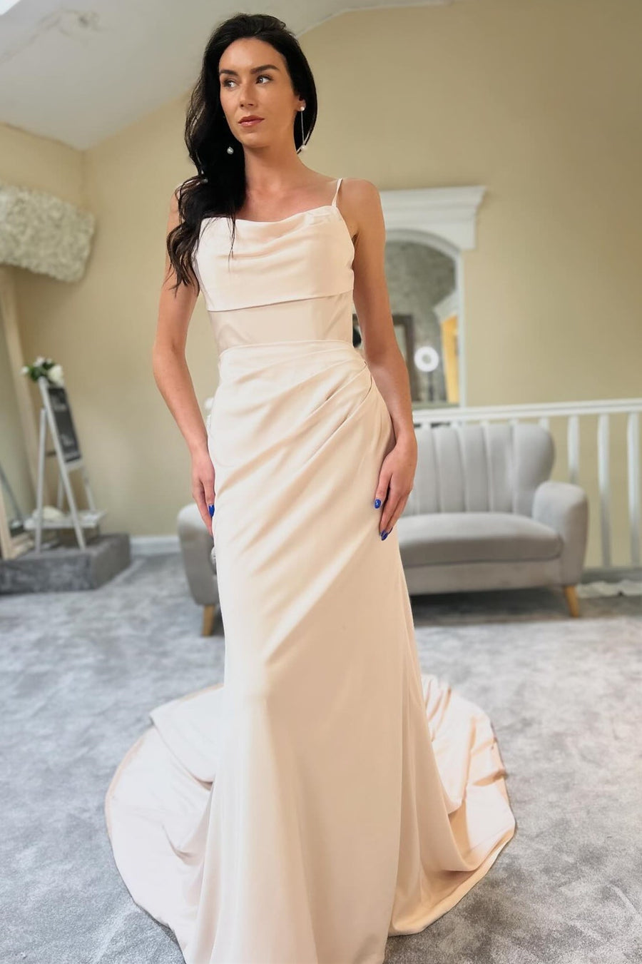 Champagne Cowl-Neck Sheer Back Long Wedding Dress