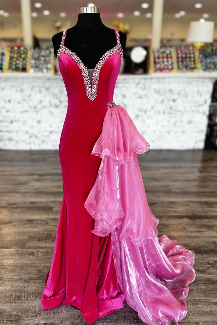 Hot Pink Velvet Plunge V Beaded Prom Dress with Attached Train