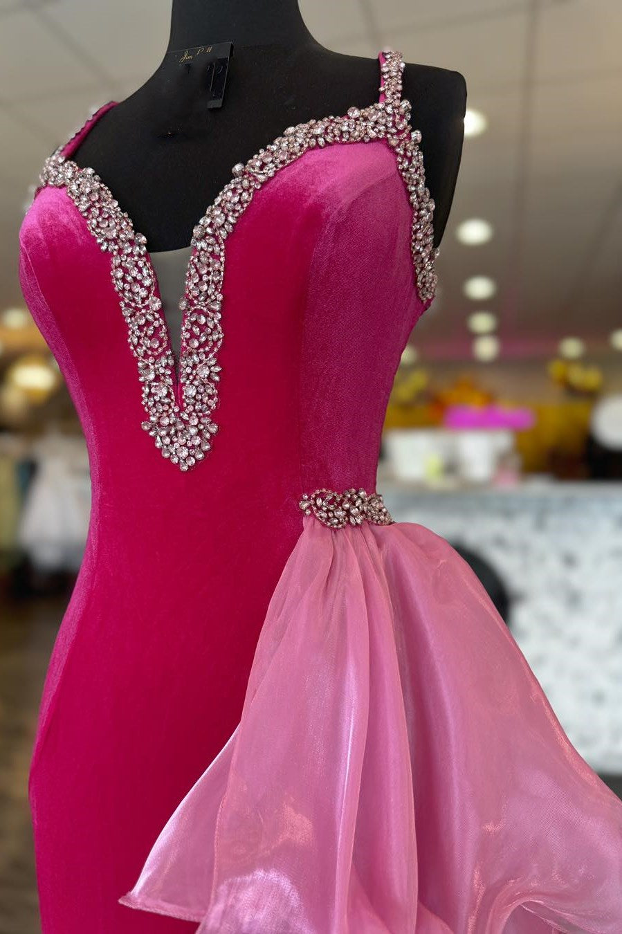 Hot Pink Velvet Plunge V Beaded Prom Dress with Attached Train