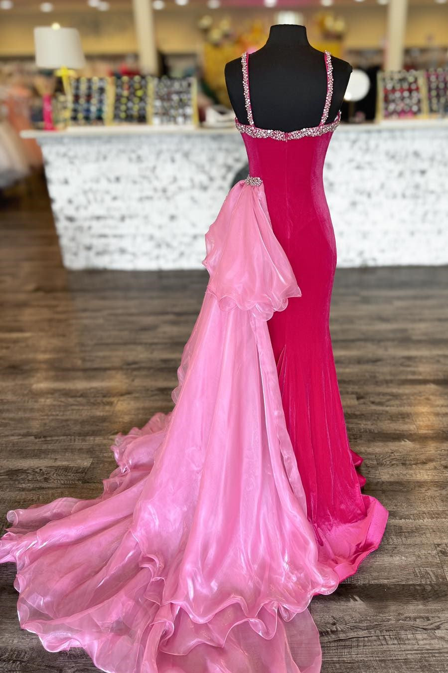 Hot Pink Velvet Plunge V Beaded Prom Dress with Attached Train