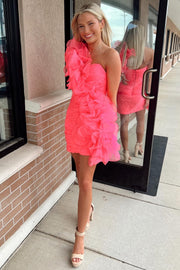 Neon Pink One-Shoulder Ruffle Short Homecoming Dress