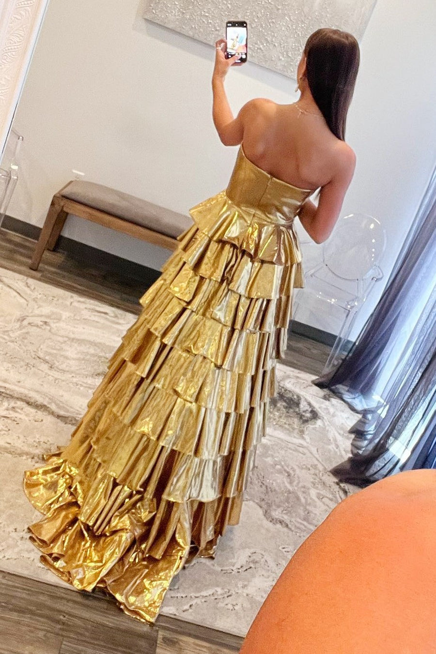 back of Metallic Gold Sweetheart Ruffle Tiered Prom Dress