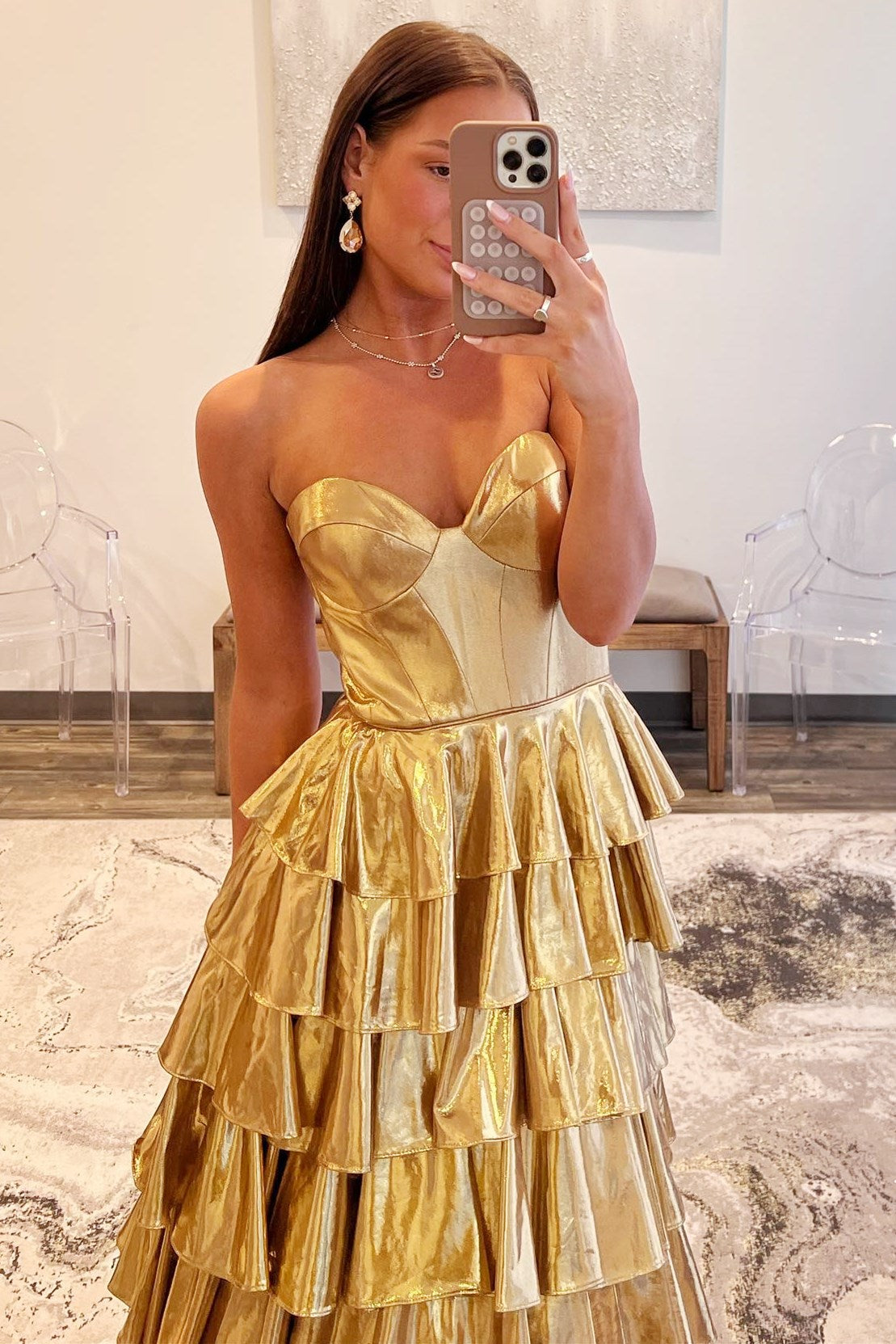 Metallic Gold Sweetheart Ruffle Tiered Prom Dress