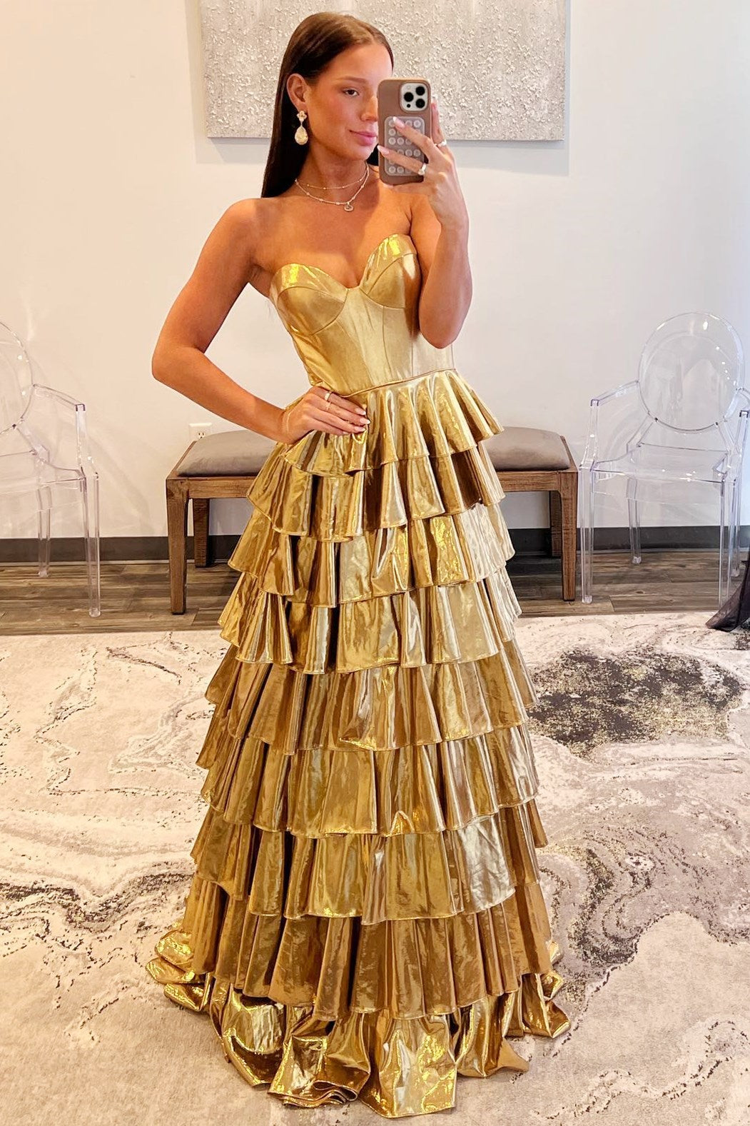 Metallic Gold Sweetheart Ruffle Tiered Prom Dress