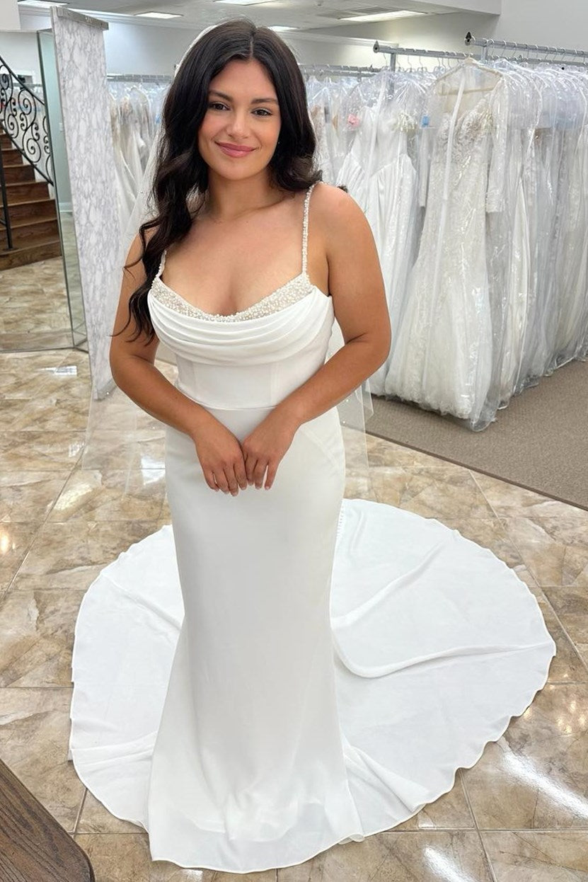 White Beaded Cowl Neck Backless Long Wedding Dress